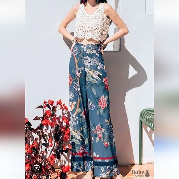 GP & J Baker X H&M Wide Leg Palazzo Pants Birds Print Multicolor Size 4 - Picture 13 of 14